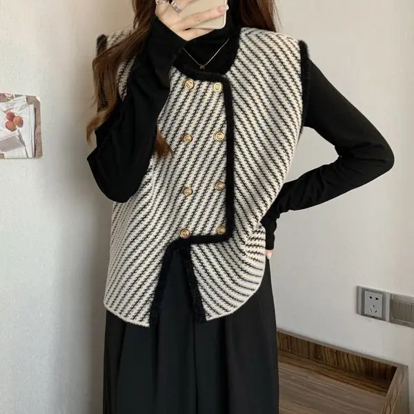 2022  large autumn and winter  velvet vest small fragrance black and white stripe vest coat thin cardigan  Button  Streetwear