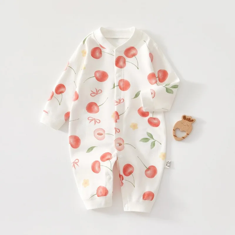 2026 Spring Cute Baby Boy Girl Romper Pure Cotton Long Sleeve Cherry Pattern Jumpsuit 9 to 12Months