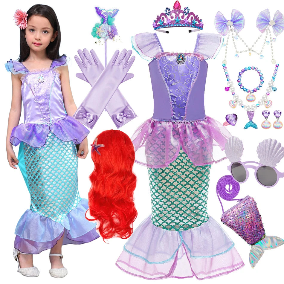 Disney Girls Mermaid Dress Ariel Princess Costumes Cosplay Dress for Kids Girls Summer Casual Halloween Birthday Party Dress Up