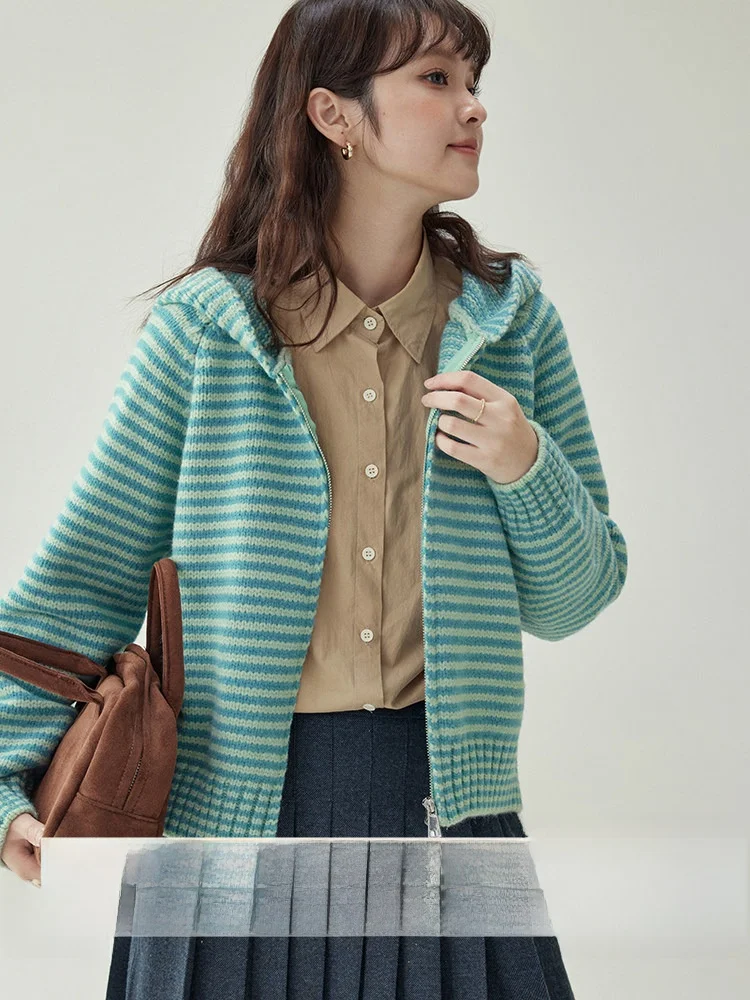 

AMUU полосатый свитер с капюшоном, кардиган, женский длинный све, осень-зима, новый топ с двойной молнией, повседневный удобный топ