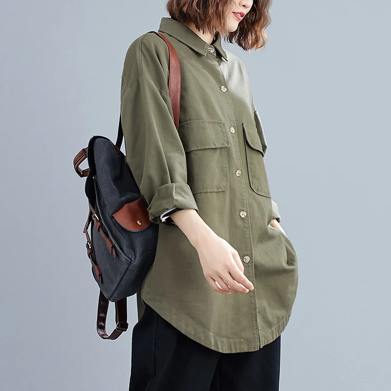 

Свободная женская куртка-рубашка средней длины на одной пуговице в корейском стиле, повседневная, универсальная, осенняя, модная, больших размеров, женский топ