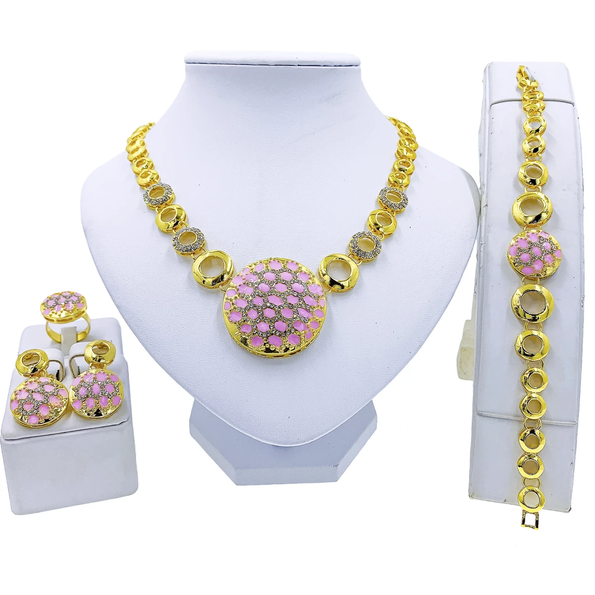 

New Hot Selling Pink Crystal Round Necklace Pendant Fashion Jewelry Set Women's Bracelets Earrings Ring Christmas Gift