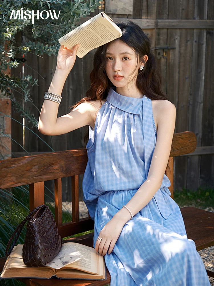 

MISHOW Women's 2 Piece Set 2025 Summer Female Vacation Fashion Plaid Hanging Neck Button Top A-line Half Skirt Set MXE39T0711