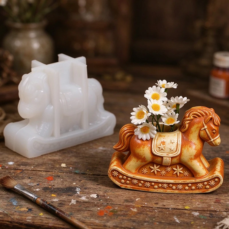 3D Rocking Horse Silicone Mold DIY Trojan Horse Candle Holder Flower Pot Vase Aromatherapy Making Mold Home Tabletop Decor