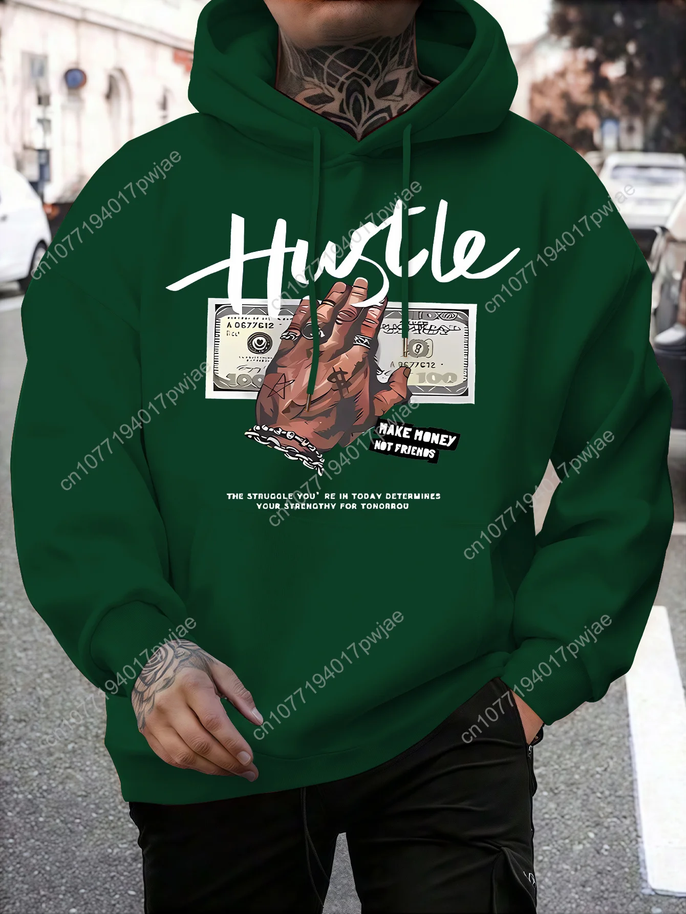 [Sudadera com capuz Hustle elegante] Moletom com capuz gráfico "Hustle" masculino estiloso |   Pulôver preto com nota de dólar e estampa manual, roupa de inverno quente