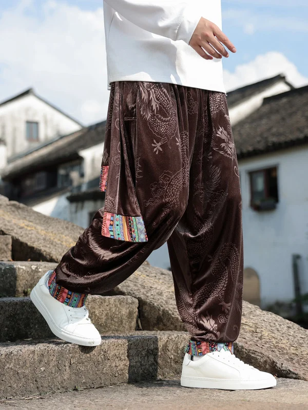 

Мужские повседневные брюки в стиле ретро с узором дракона, вельветовые, прямые, свободные, широкие, в стиле «гарлен», осенне-зимние, этнические, из полиэстера...