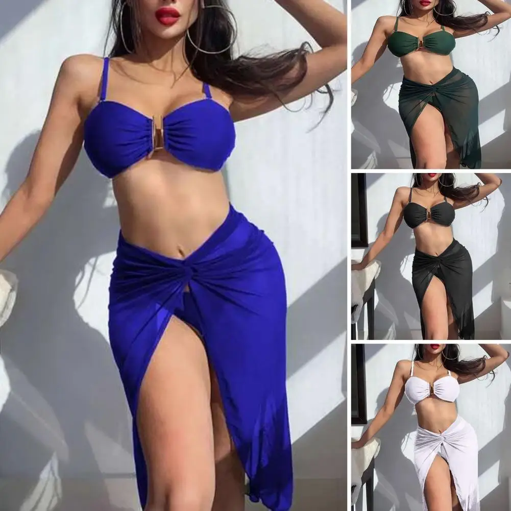 3 Pcs/Set Adjustable Straps Metal Ring Connection Bikini Cover Up Bandeau Knot Sling Bra Briefs Front Split Skirt Beachwear Lady