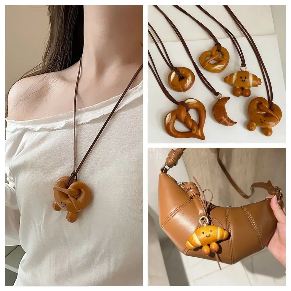 Bagel Alkaline Bread Pendant Cute Rope Pretzel Necklace Decoration Car Interior Pendant Croissant Bag Accessory Backpack Decor