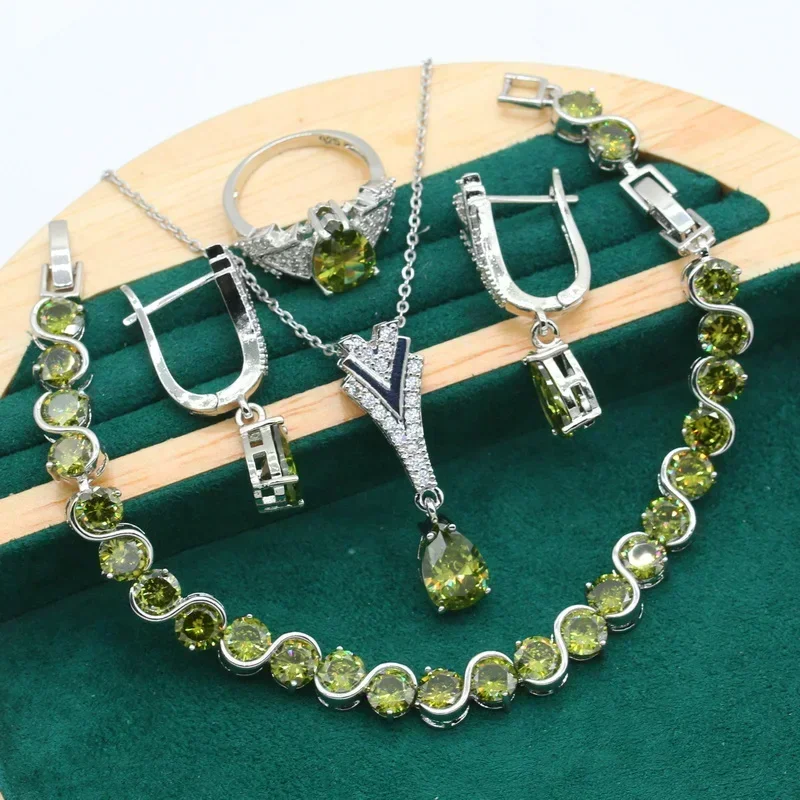 Green Peridot Silver Color Jewelry Set for Women Wedding Bracelet  Hoop Earrings Ring Necklace Pendant  Gift