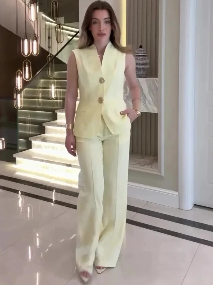 Blazer Coat Pants 2 Piece Sets Women Business Suit Sleeveless V Neck Jacket Trousers Ensemble 2026 Summer Office Lady Outfits