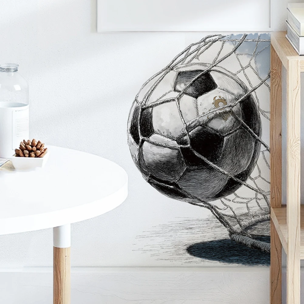Soccer Themed Wall Art Print Showing Ball Reaching Net in Bold Monochrome Sketch for Fan Focused Interior Spaces