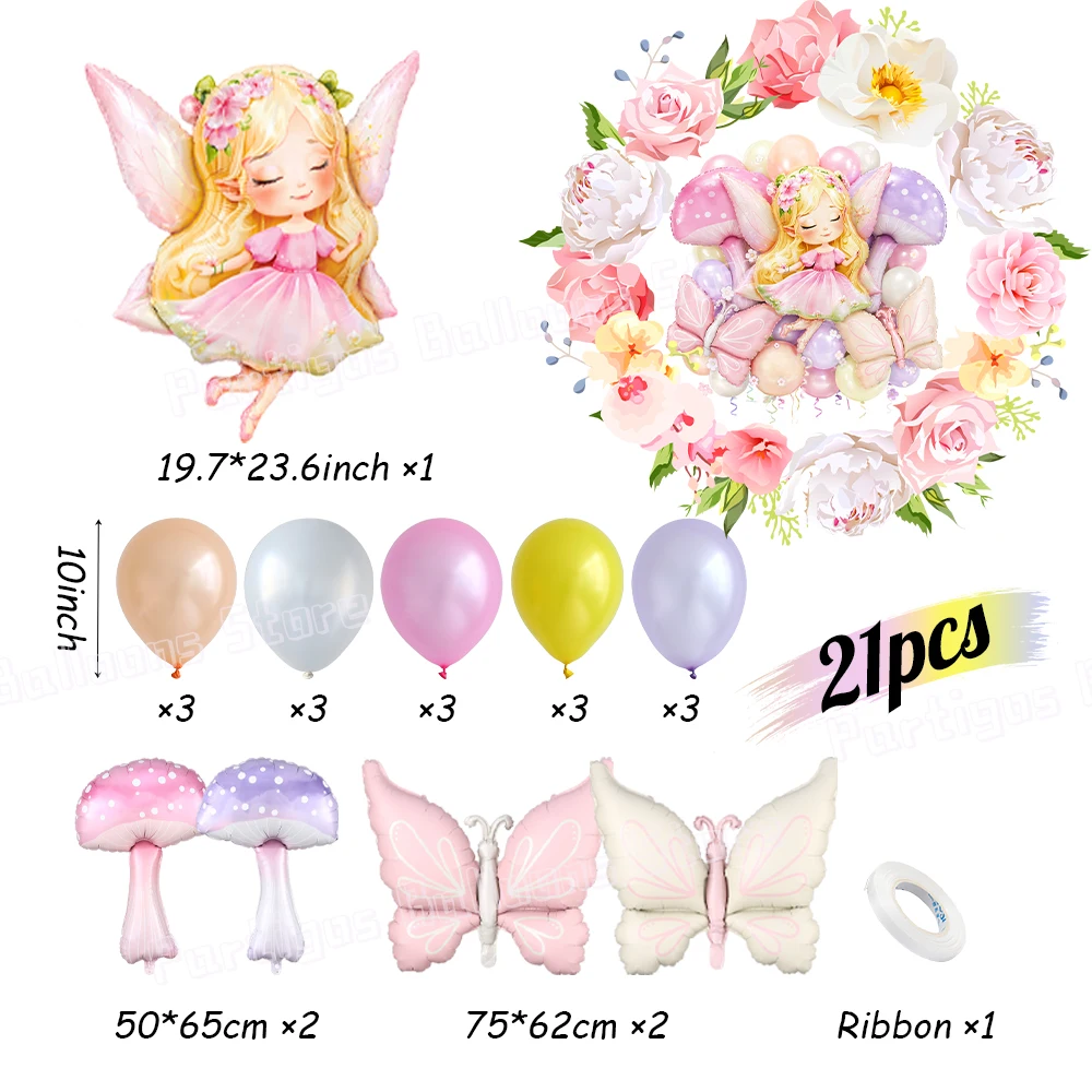 21/24-teiliges Perlmutt-Lila-Rosa Ballonset mit Schmetterling- und Pilz-Folienballons für Babyparty, Prinzessinnen-Geburtstag, Frühlings-Feenparty-Zubehör – Detail 3