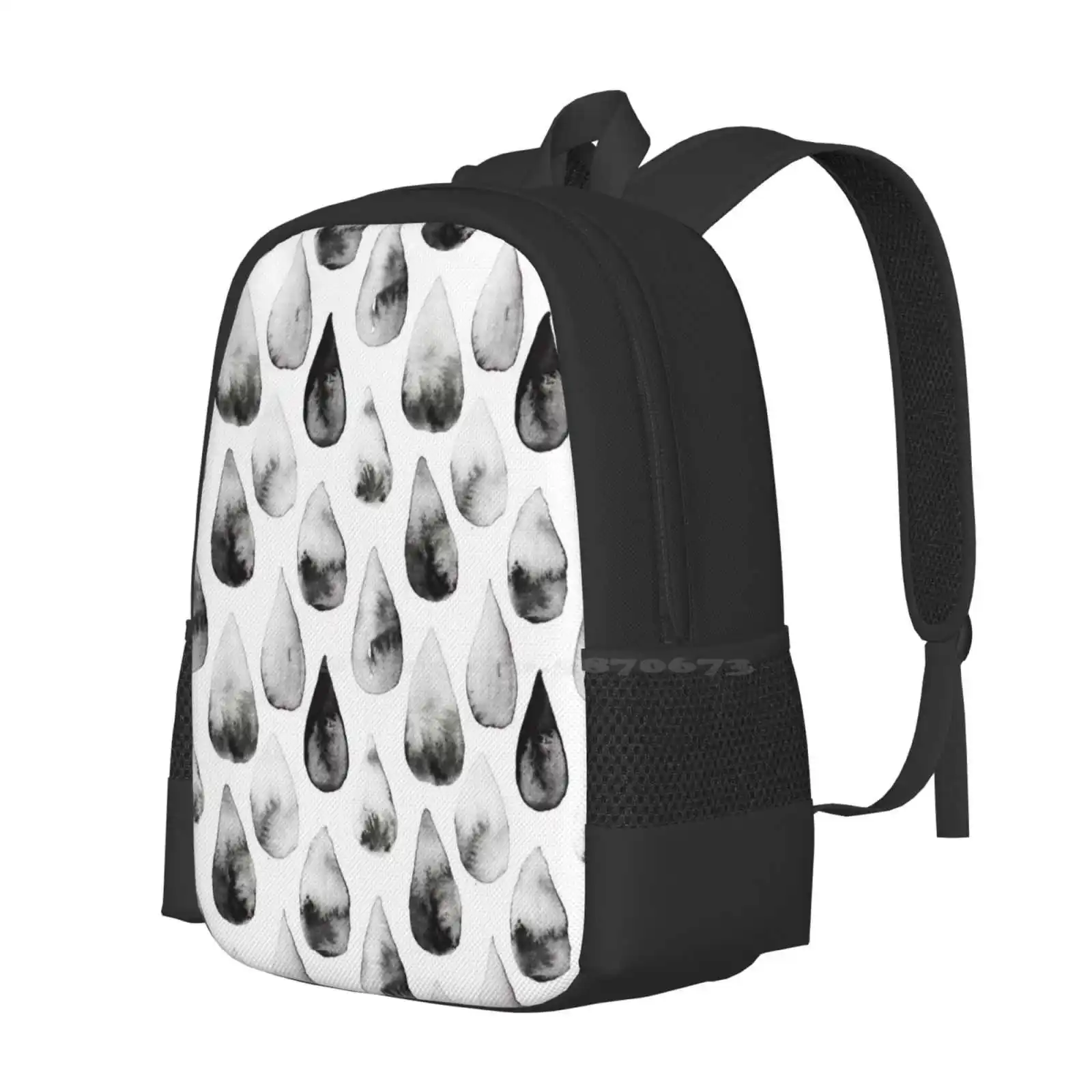 Inky Rain Hot Sale Schoolbag Backpack Fashion Bags Splatter Drops Rain Abstract Inky Watercolor Flow Trendy Blackandwhite