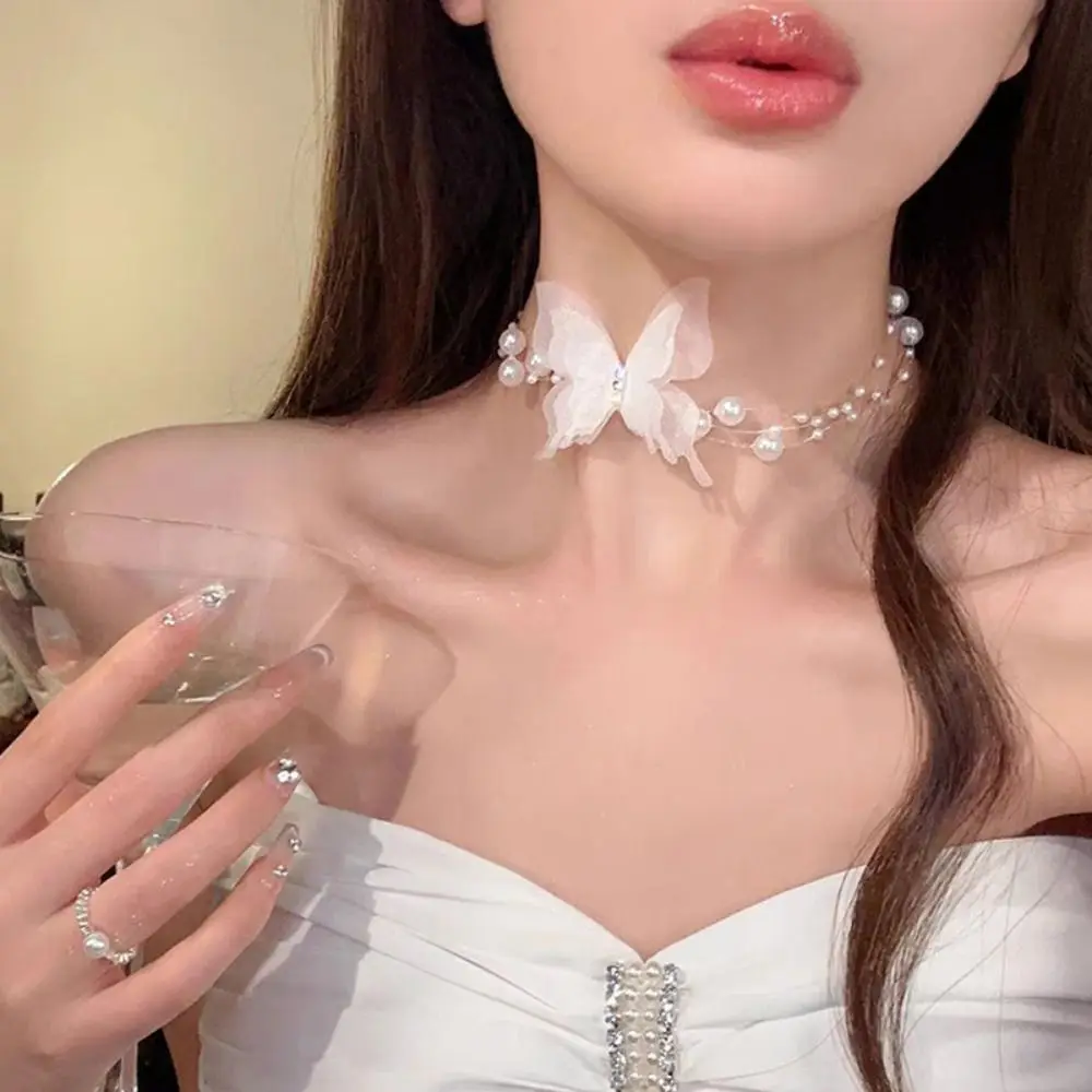 Fashion Artificial Pearl Butterfly Pearl Choker Adjustable Length White Imitation Pearl Neck Jewelry Clavicle Chain For Women