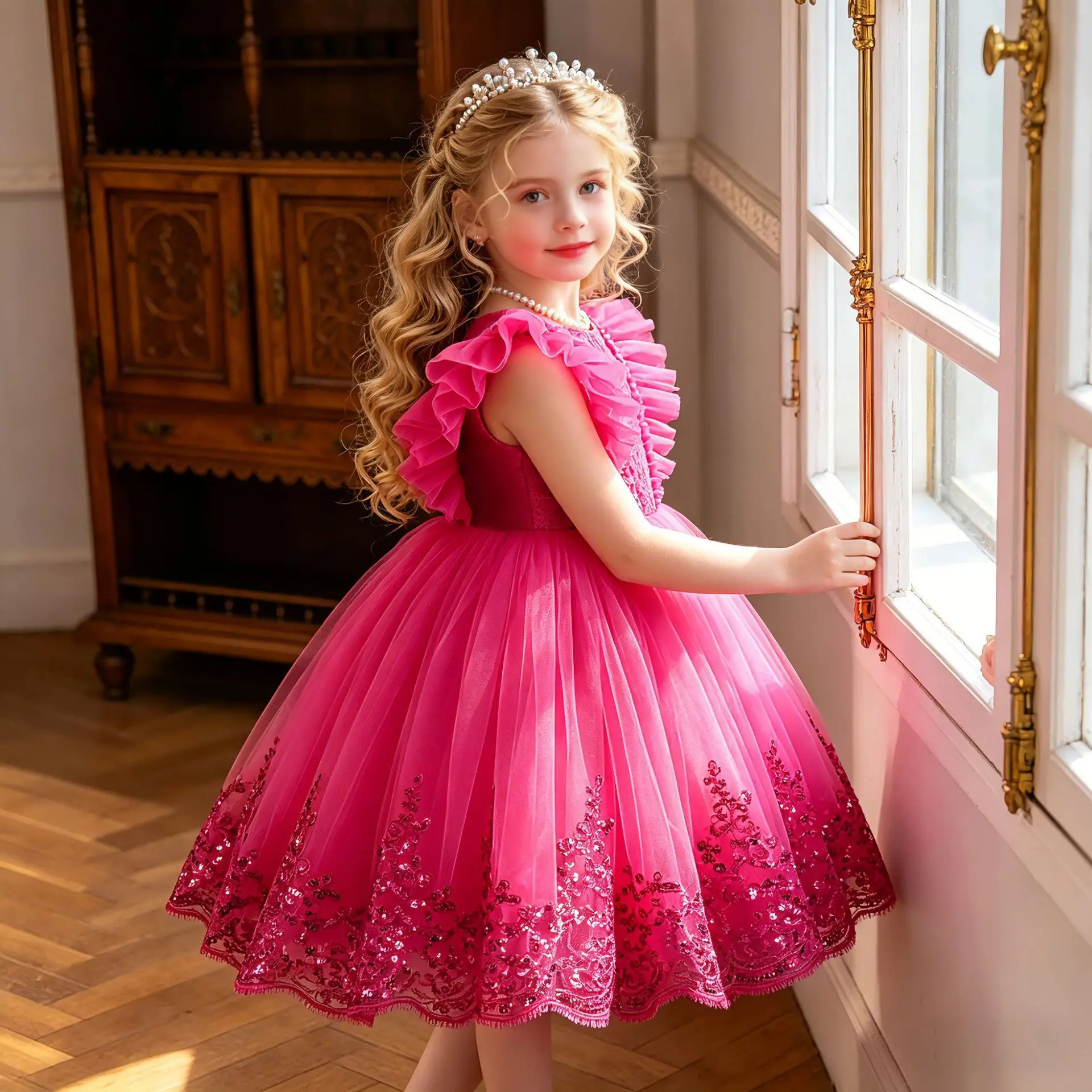 Vestidos de niña rojos y morados de tul con flores y lazo para bodas, desfiles, fiestas y primera comunión