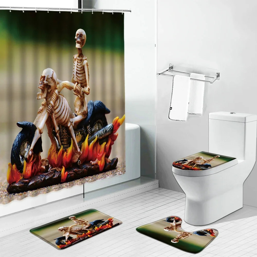 Funny Skull Skeleton Print Shower Curtain Set Halloween Festival Home Decor Bath Mat Toilet Lid Cover Flannel Bathroom Carpet