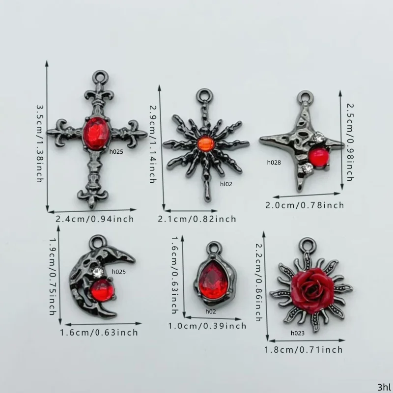 10pcs Dark Gothic style Red Diamond Cross Rose Moon Alloy Pendant DIY Bracelet Necklace Accessories view 6