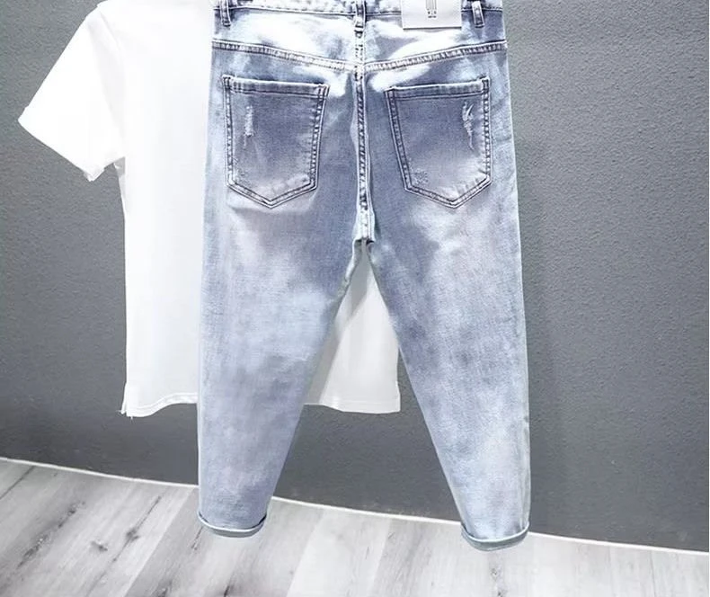 Summer New Fashion Ripped Patch Men's Trendy Brand Youth Washed Slim-fitting Small Feet Pants Men Clothing Luxury Brand Jeans view 3
