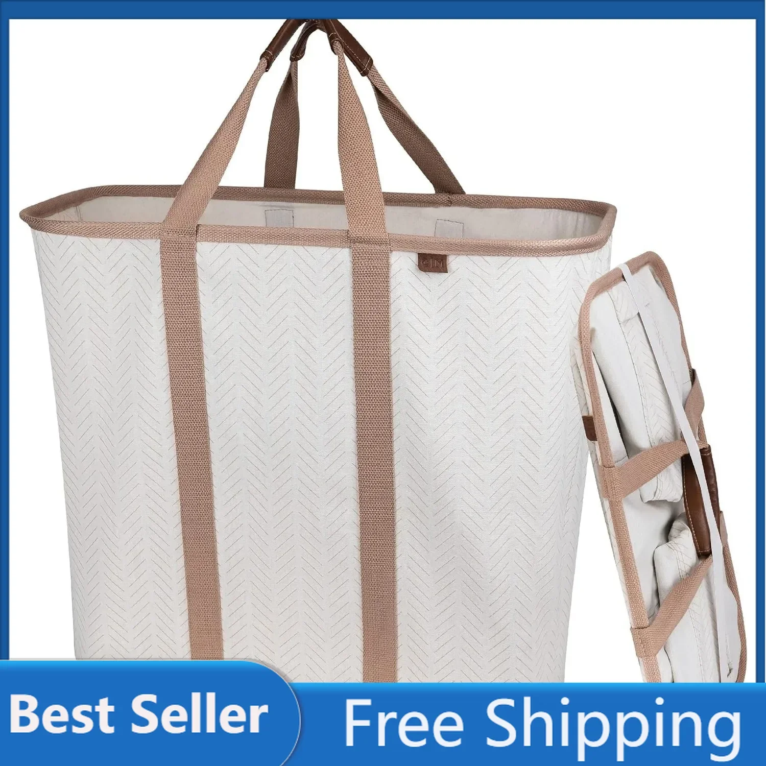 CleverMade Collapsible Laundry Caddy, LUXE Cream Herringbone 2PK - 64L (17 Gal) Premium Cotton Blend Foldable Laundry Basket