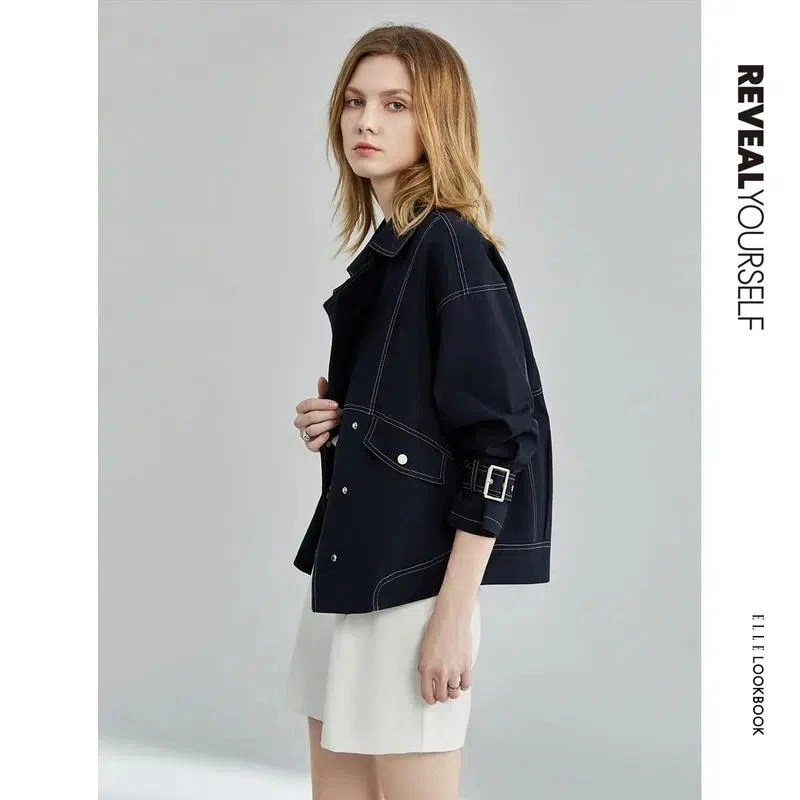 2023 Spring Autumn Jacket Fashion Trench Coat Female Design Sense Temperament Fashion Loose Casual Coat Navy Top Short Outwear