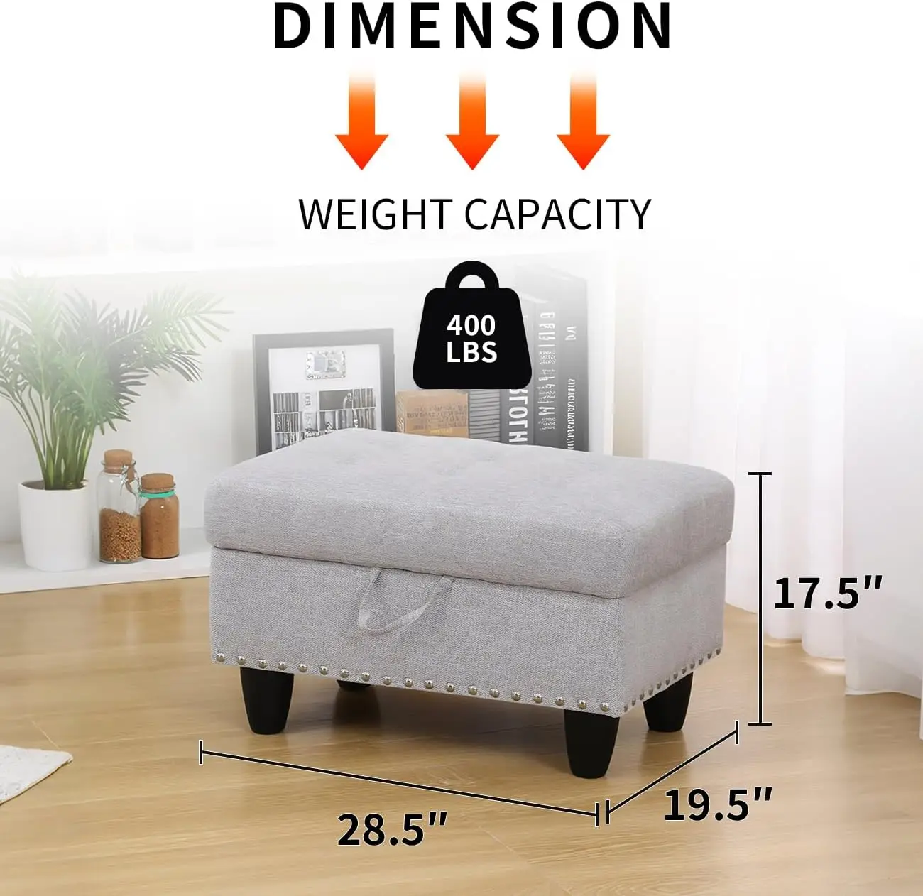28.5 Inch Large Square Storage Ottoman with Retro Rivet, Thick Cushion Footstool Bench Coffee Table, Grey Light Linen, for Home Decor, Entryway, Living Room, Bedroom, RV