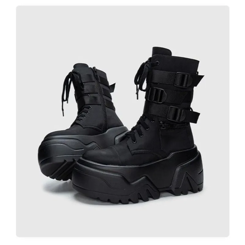 

Women Ankle Booties Autumn Leather Chunky Shoes High Platform Breathable Sneakers 9CM Thick Sole Wedges Motorcycles Boots