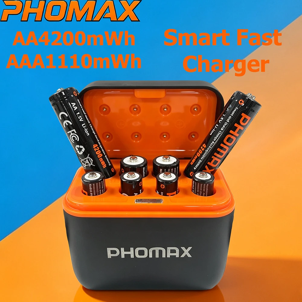 PHOMAX 8‑Slot AA/AAA 1.5V Lithium Rechargeable Battery Charger Box AA 4200mWh AAA 1110mWh Rechargeable Cell For Toy Camera Remot