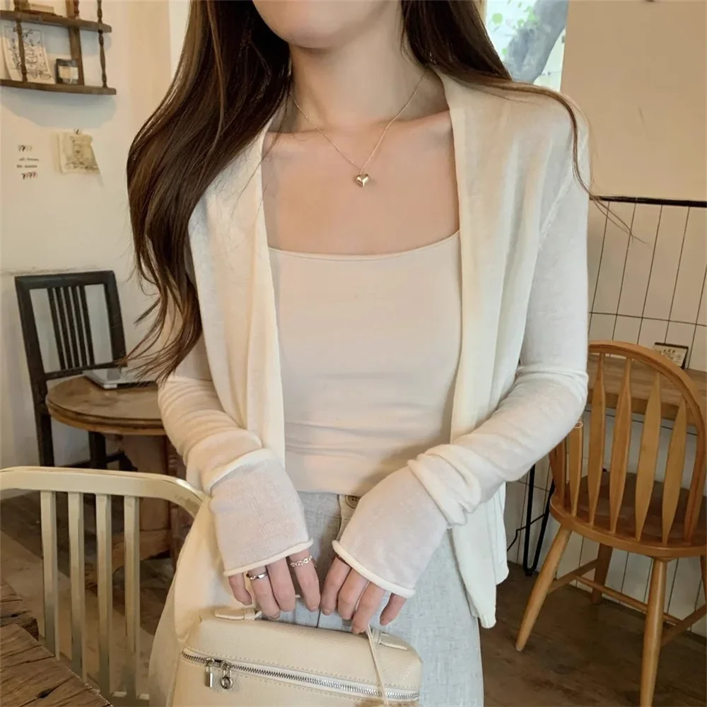 

Женский вязаный кардиган в корейском стиле, летняя тонкая рубашка с кондиционером, однотонный базовый топ с длинными рукавами