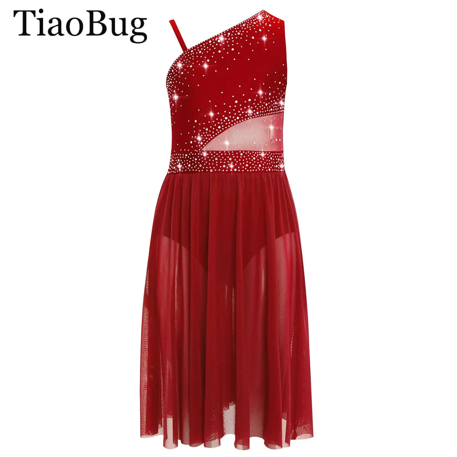 Vestito da ballo lirico per ragazze, monospalla, senza maniche, in rete trasparente, con strass, ginnastica, balletto, body, vestito da pattinaggio di figura