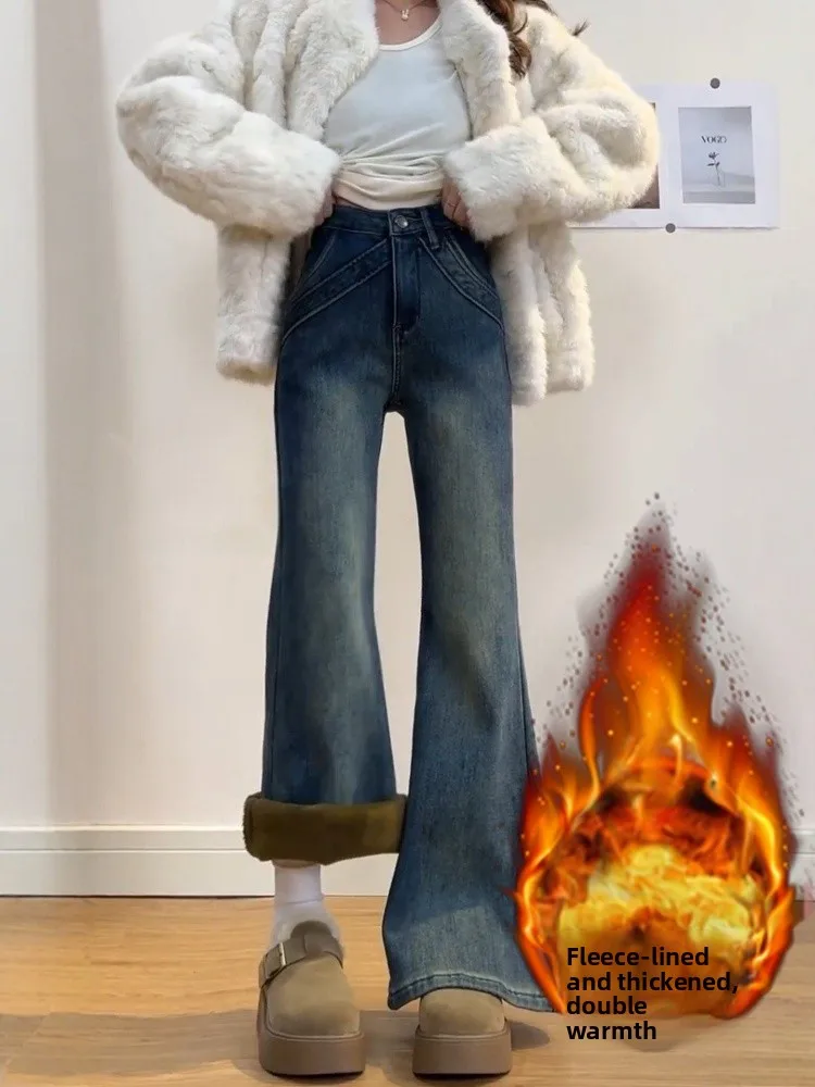 

Thickened Fleece Winter Denim Pants Women High Waist Wide Leg Cleanfit Style Vintage Bell Bottoms Slimming for plus Size