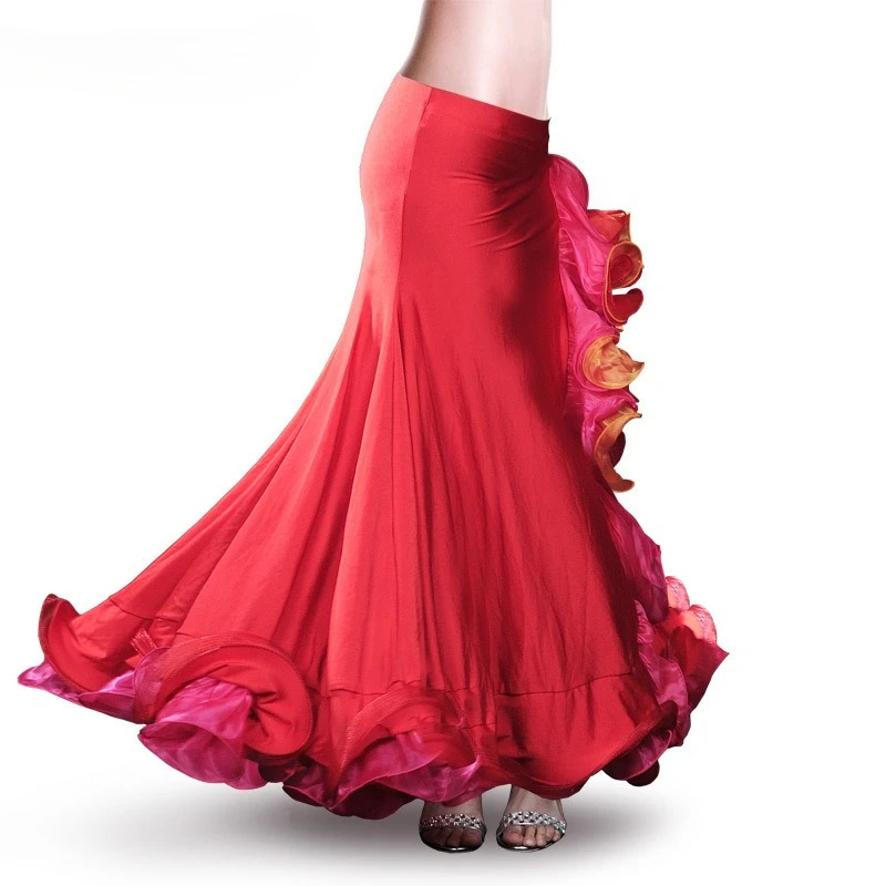 Aangepaste buikdanskostuum drie kleuren lotusblad gekrulde rok split opgerolde rand lotusblad rok