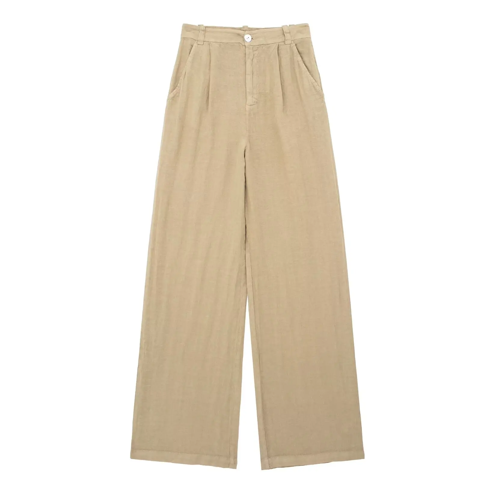 

TRAFZA Summer Female Elegant Long Pant Khaki High Button Pocket Versatile Trousers Women Linen Pleated Wide Leg Pants Mujer