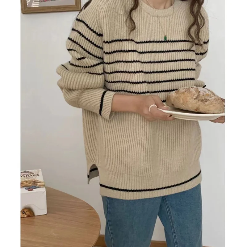 Fashionable stripe languid breeze cashmere sweater woman autumn winter 100 go with round neck sweater loose pullover sweater