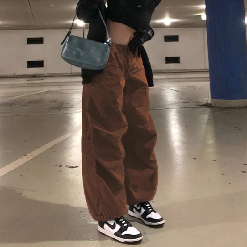 Women's Fashion Slim Drawstring Wide Leg Pants Solid Casual Hip Hop Baggy Cargo Pants Low Waist Grunge Loose Overalls Y2k Girls