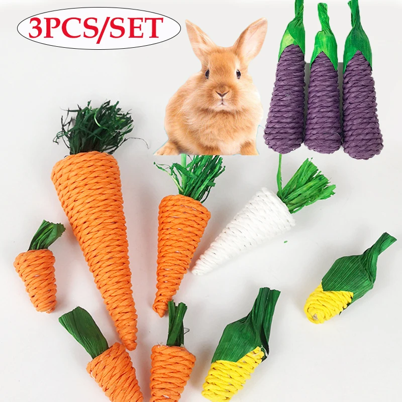 

3PCS/Set Pet Guinea Pig Rabbit Chew Toy Tooth Grinding Toys Natural Woven Carrot Corn toy for Molar Toys Rabbit Accessories