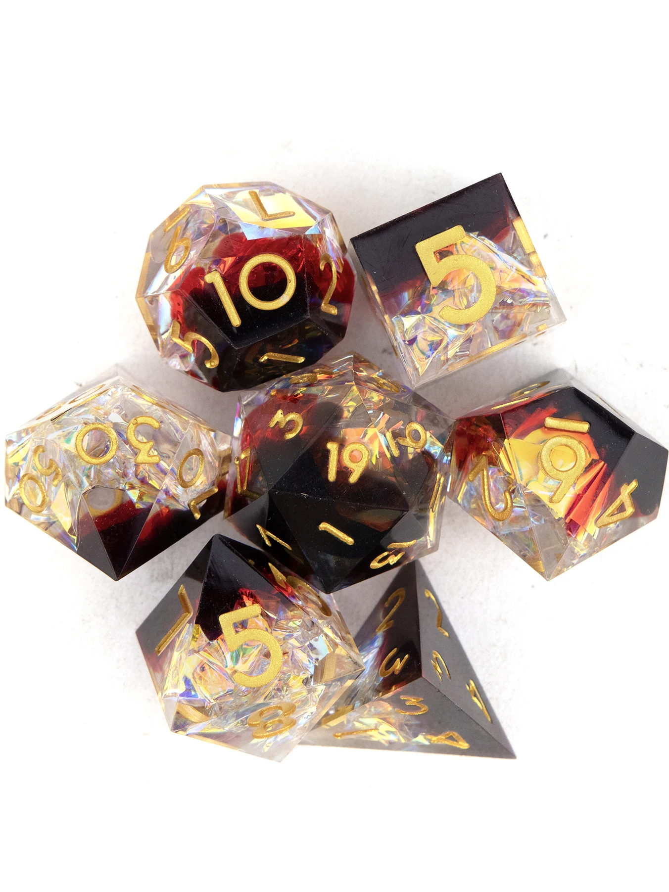 7 dés en résine à bords tranchants, noirs, rouges et jaunes, dés polyédriques adaptés aux jeux de rôle, jeux de société