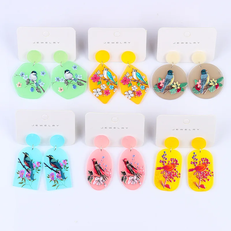 Antique retro flower and bird printing jelly earrings, earrings, small fresh temperament, semi-transparent acrylic stud earrings