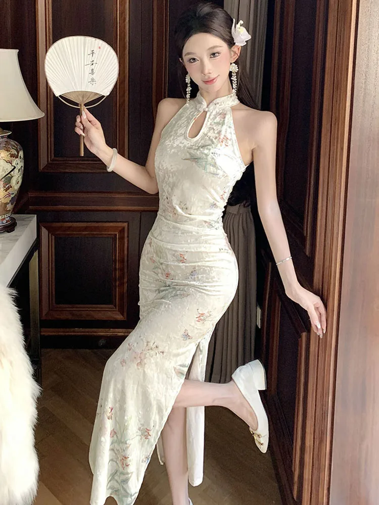 2025 vestido largo Sexy de terciopelo Floral elegante con cuello para mujer vestido de fiesta de lujo Vintage coreano Otoño Invierno vestido de noche elegante