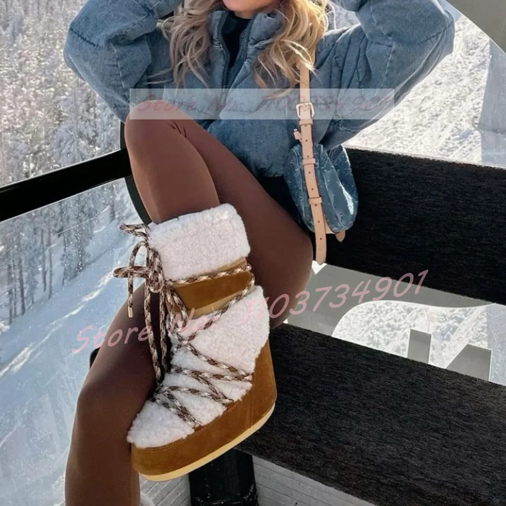 Mid Calf Snow Boots Ladies Fashion Fur Round Toe Lace-up Warm Antiskid Thick Soled Shoes Women Elegant Luxury Waterproof Boots