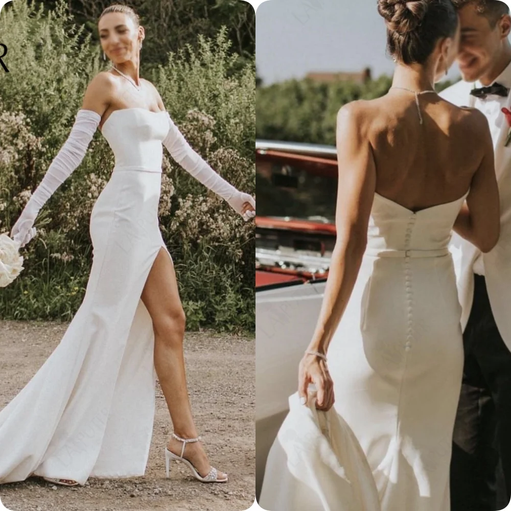 Vestido de novia de sirena de crepé blanco, hombros descubiertos, espalda en V, Simple, liso, tren de barrido abierto, nuevo diseño