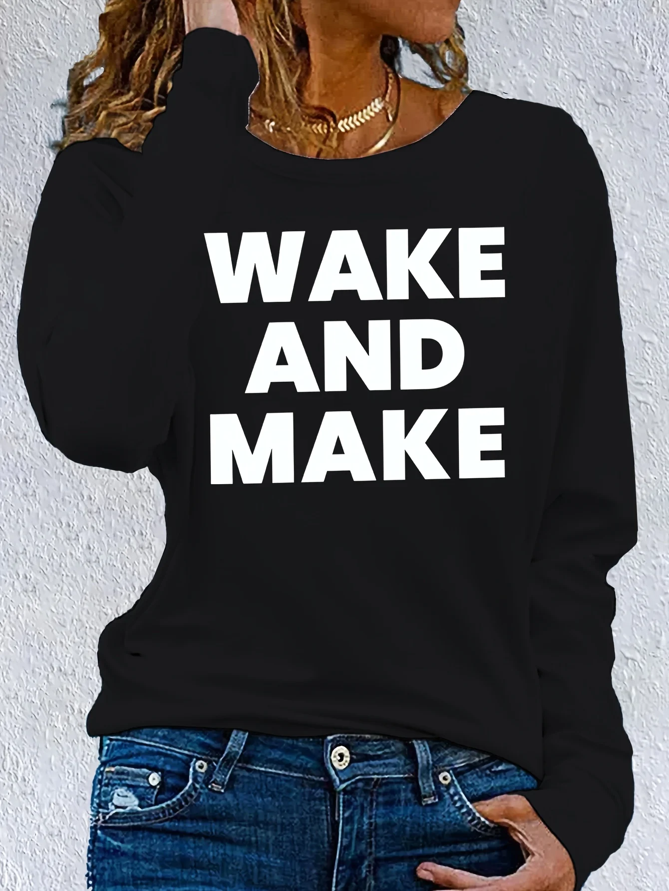 

Футболка с длинным рукавом и буквенным графическим принтом, повседневная вязаная ткань с круглым вырезом, топ на осень/зиму, свободная, удобная