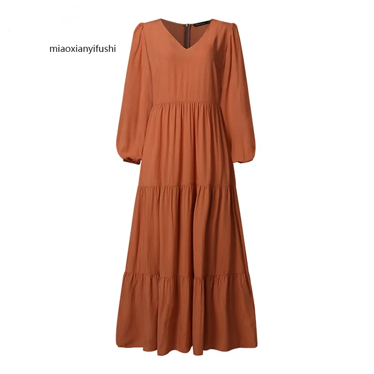 Mode musulmane Abaya femmes col en V robes en mousseline de soie décontractées à volants à manches longues femmes robes décontracté ample flux balançoire robes
