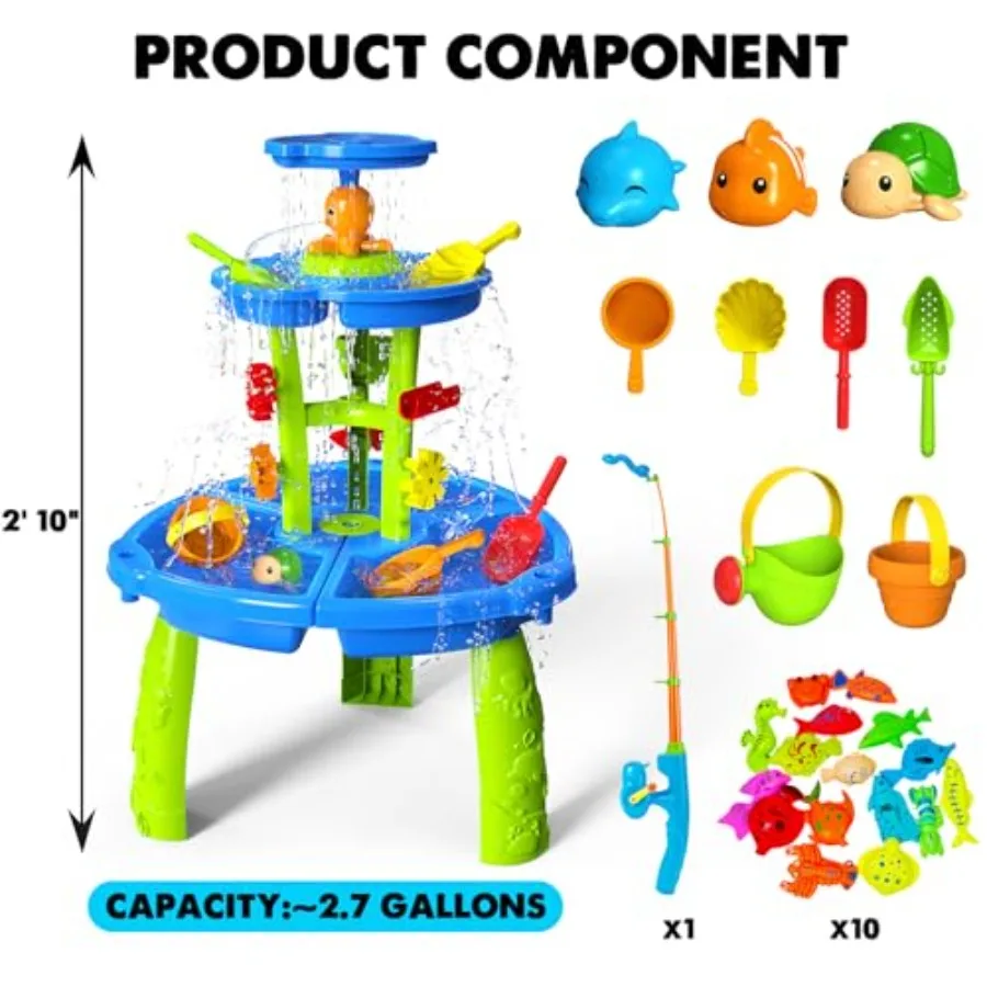 Outdoor water table for toddlers 3-5, plastic, blue, UV-resistant and BPA-free with magnetic fishing game and splash features view 2