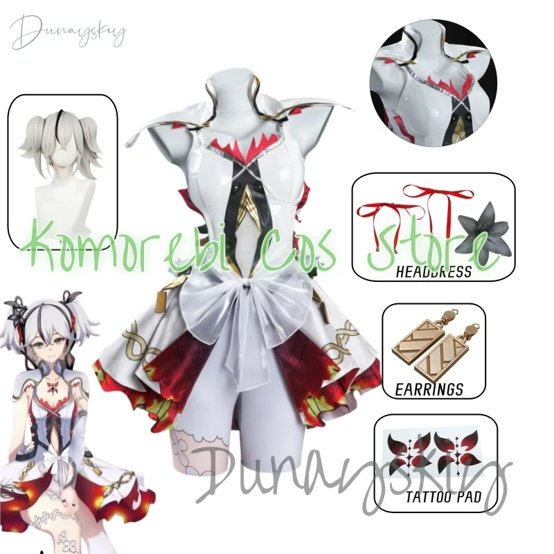 Wuthering Waves Camellya Cosplay Costume Wig Earrings Dress Black Shores Chun Outfit White Double Ponytail Hair Game Accessories