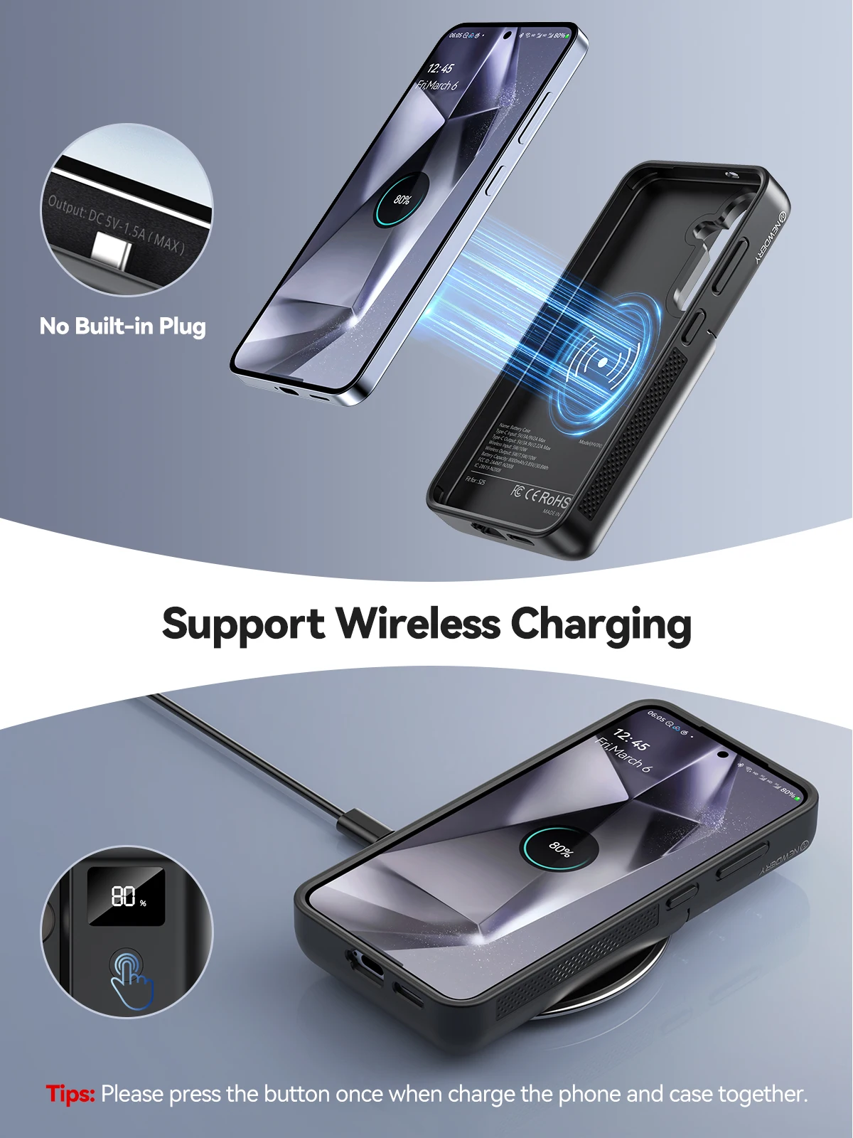 NEWDERY 8000mAh Battery Case For Samsung Galaxy S25 Ultra S25 Plus S25FE Wireless Charging Charger Case 18W Fast Recharging Power Bank Cover