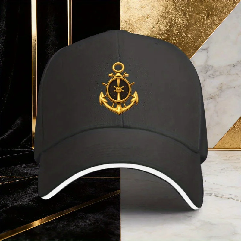 Nautical Anchor Ship Wheel Navy Blue Baseball Cap Adjustable Polyester Casual Outdoor Sun Protection
