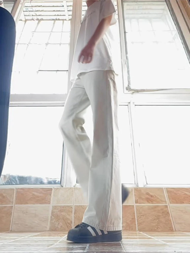 

White Slim Fit Straight Leg Jeans Men's Faion American Cool High Waist Jeans Visual Lengthening Leg Effect Knife Bootcut