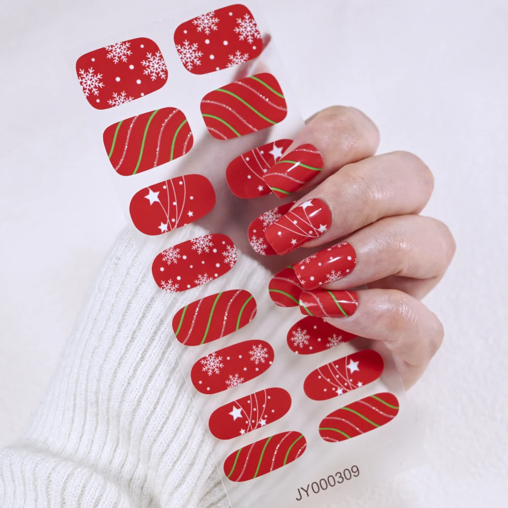 16 puntas de pegatinas de uñas de Gel completo de Navidad roja, copos de nieve, diseño de línea de brillo de estrella, envolturas de uñas sin hornear, deslizador de Navidad autoadhesivo