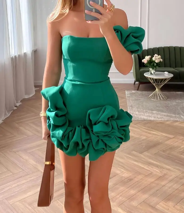 New Fashion Solid Color Ruffled One Shoulder Strapless Hip Hugging Slim Fit Dress For Women,4 Colors