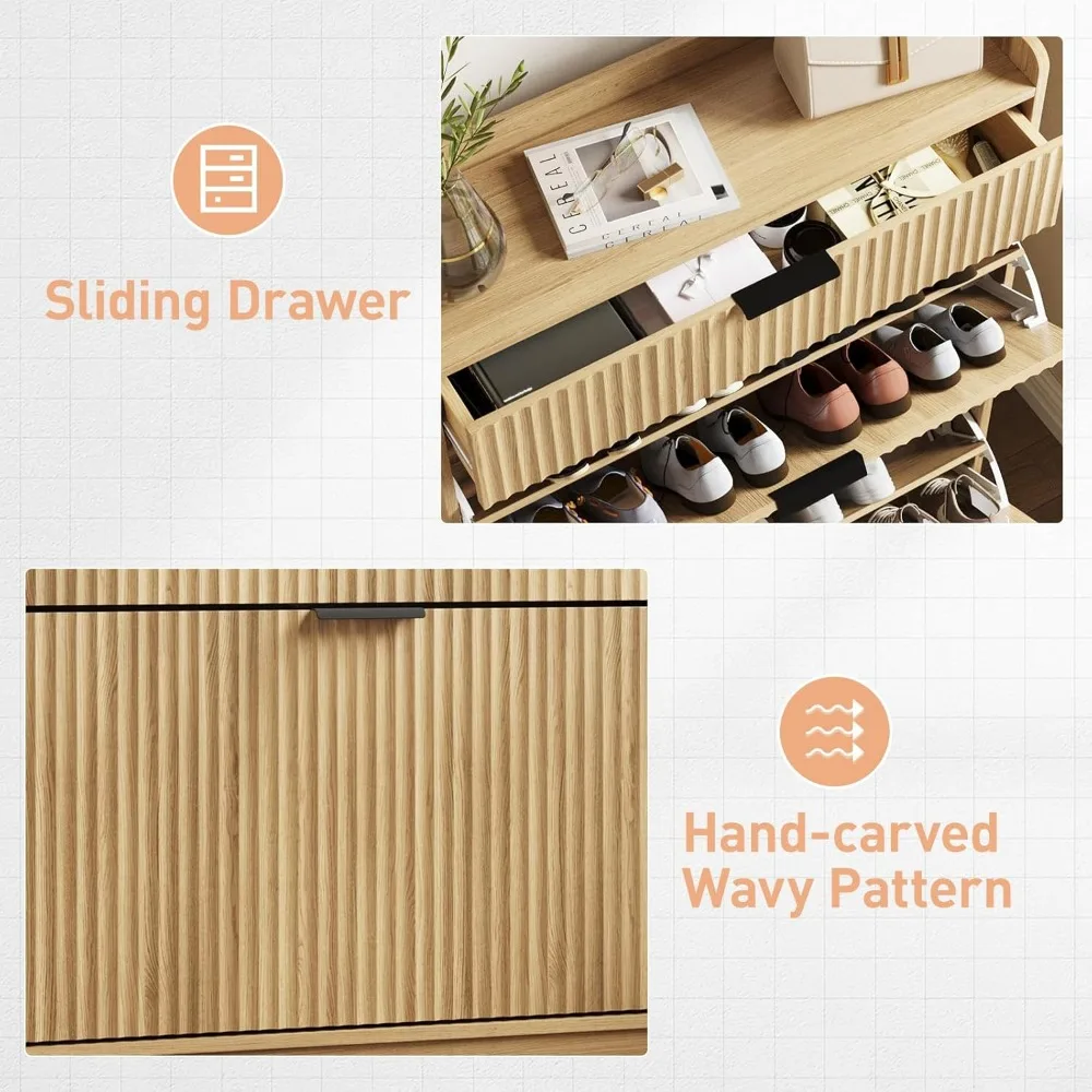 خزانة أحذية مخددة مع درجين قابلين للطي ودرج كبير، وحدة تخزين أحذية قائمة بذاتها مع رف قابل للتعديل، ومنظم أحذية #5